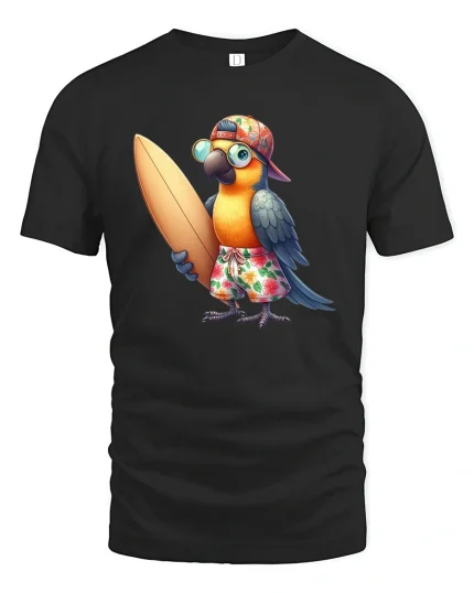 Surfing Parrot Graphic Tee With Tropical Fun Summer Vibes - black t-shirt on white background