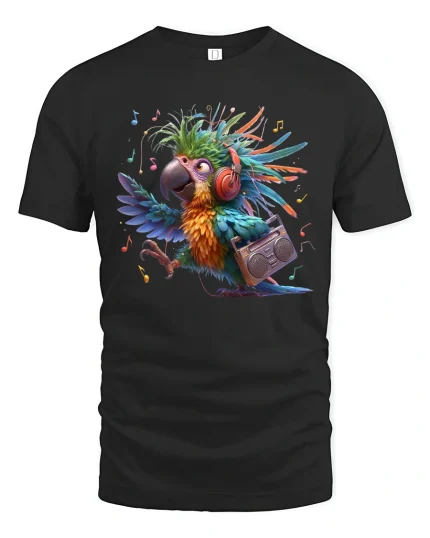 Funky Music Parrot Tee With Colorful Rhythm And Retro Vibes - black t-shirt on white background