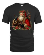 Classic Santa Claus Holiday Art Tee With Vintage Christmas Charm - black t-shirt on white background