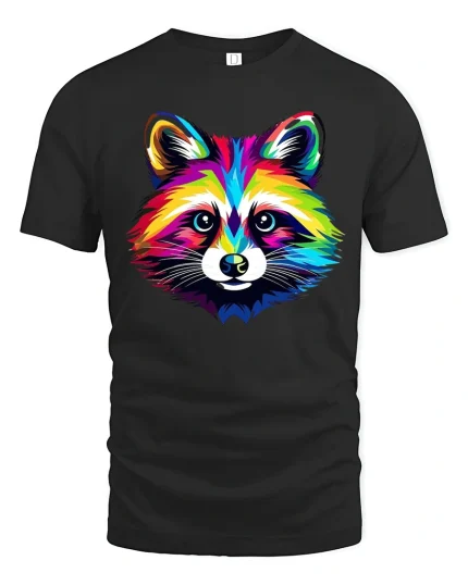 Colorful Raccoon Art Tee With Bold Rainbow Animal Style - black t-shirt on white background