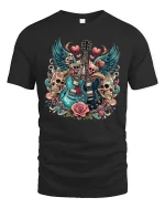 Rock Guitar Skull Art Tee With Bold Music Love Tattoo Style - black t-shirt on white background
