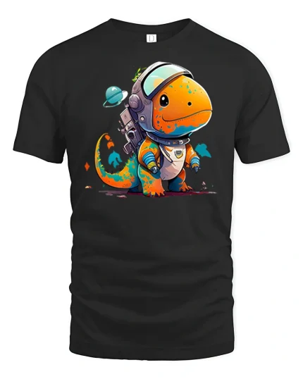 Cute Astronaut Dinosaur Space Adventure Tee With Playful Galaxy Art - black t-shirt on white background
