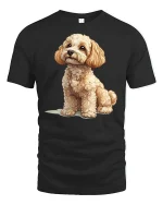 Cute Curly Puppy Portrait Tee With Soft Cozy Artistic Dog Style - black t-shirt on white background