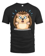 Funny Shocked Hedgehog Cartoon Tee With Cute Surprised Face Art - black t-shirt on white background