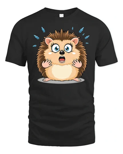 Funny Shocked Hedgehog Cartoon Tee With Cute Surprised Face Art - black t-shirt on white background