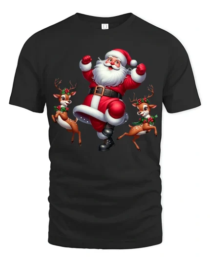 Funny Dancing Santa Claus Cartoon Tee With Playful Reindeer Vibes - black t-shirt on white background