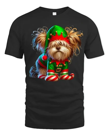 Cute Christmas Elf Dog Graphic Tee With Playful Holiday Charm - black t-shirt on white background