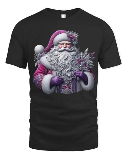 Elegant Purple Santa Claus Art Tee With Magical Winter Charm - black t-shirt on white background
