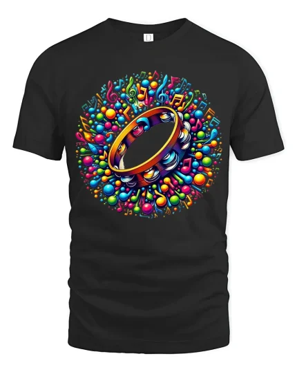 Colorful Music Tambourine Art Tee With Rhythm And Joyful Vibes - black t-shirt on white background