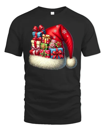 Festive Santa Hat Gift Stack Tee With Cozy Holiday Cheer - black t-shirt on white background