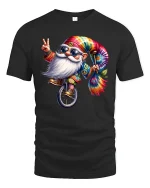 Groovy Tie Dye Santa Gnome Tee With Peace Sign And Fun Spirit - black t-shirt on white background