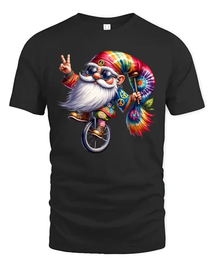 Groovy Tie Dye Santa Gnome Tee With Peace Sign And Fun Spirit - black t-shirt on white background
