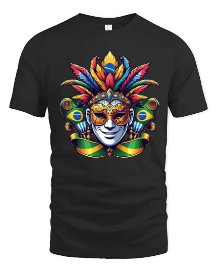 Brazilian Carnival Mask Art Tee With Bold Feathers And Energy - black t-shirt on white background