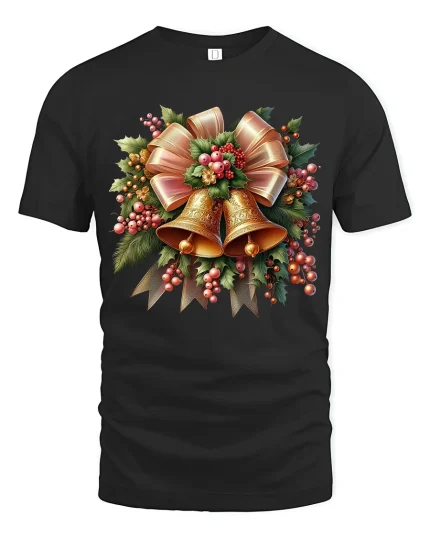 Elegant Christmas Bells Art Tee With Festive Holiday Charm - black t-shirt on white background