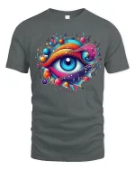 Psychedelic Cosmic Eye Art Tee With Vibrant Music Flow - gray t-shirt on white background
