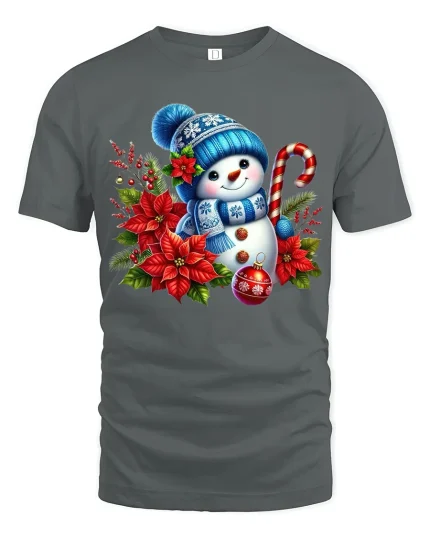 Cute Christmas Snowman Art Tee With Cozy Winter Holiday Charm - gray t-shirt on white background