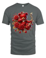 Romantic Rose Teddy Bear Art Tee With Sweet Love Inspired Style - gray t-shirt on white background