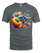 Colorful Acoustic Guitar Art Tee With Vibrant Music Energy Style - gray t-shirt on white background