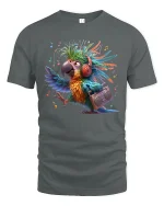 Funky Music Parrot Tee With Colorful Rhythm And Retro Vibes - gray t-shirt on white background