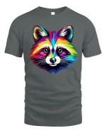 Colorful Raccoon Art Tee With Bold Rainbow Animal Style - gray t-shirt on white background