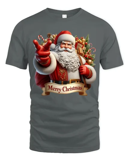 Merry Christmas Santa Pointing Graphic Tee With Festive Spirit - gray t-shirt on white background