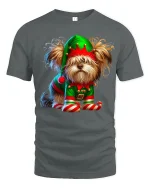 Cute Christmas Elf Dog Graphic Tee With Playful Holiday Charm - gray t-shirt on white background