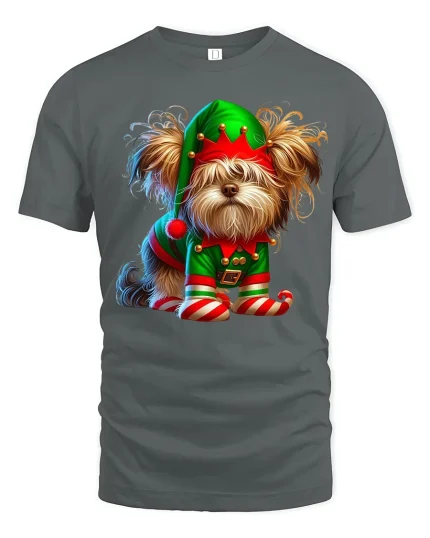 Cute Christmas Elf Dog Graphic Tee With Playful Holiday Charm - gray t-shirt on white background