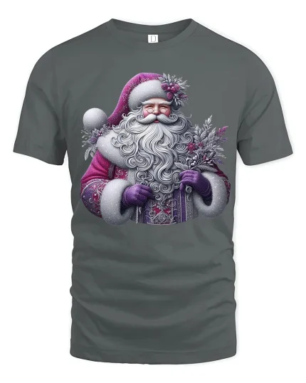 Elegant Purple Santa Claus Art Tee With Magical Winter Charm - gray t-shirt on white background