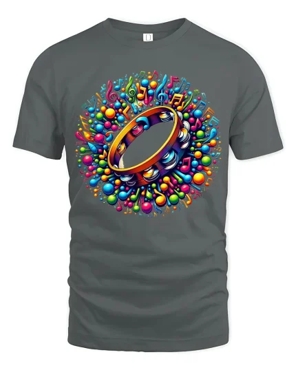 Colorful Music Tambourine Art Tee With Rhythm And Joyful Vibes - gray t-shirt on white background