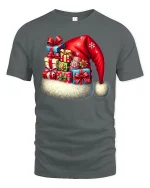 Festive Santa Hat Gift Stack Tee With Cozy Holiday Cheer - gray t-shirt on white background