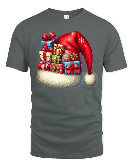 Festive Santa Hat Gift Stack Tee With Cozy Holiday Cheer - gray t-shirt on white background