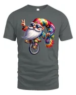 Groovy Tie Dye Santa Gnome Tee With Peace Sign And Fun Spirit - gray t-shirt on white background