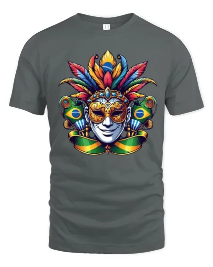 Brazilian Carnival Mask Art Tee With Bold Feathers And Energy - gray t-shirt on white background