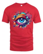 Psychedelic Cosmic Eye Art Tee With Vibrant Music Flow - red t-shirt on white background