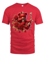 Romantic Rose Teddy Bear Art Tee With Sweet Love Inspired Style - red t-shirt on white background
