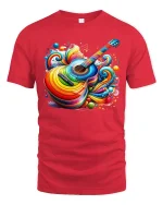 Colorful Acoustic Guitar Art Tee With Vibrant Music Energy Style - red t-shirt on white background