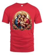 Holy Family Sacred Love Tee With Elegant Christian Art Style - red t-shirt on white background