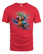 Funky Music Parrot Tee With Colorful Rhythm And Retro Vibes - red t-shirt on white background