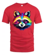 Colorful Raccoon Art Tee With Bold Rainbow Animal Style - red t-shirt on white background