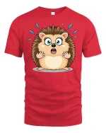 Funny Shocked Hedgehog Cartoon Tee With Cute Surprised Face Art - red t-shirt on white background