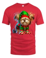 Cute Christmas Elf Dog Graphic Tee With Playful Holiday Charm - red t-shirt on white background