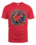 Colorful Music Tambourine Art Tee With Rhythm And Joyful Vibes - red t-shirt on white background