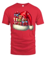 Festive Santa Hat Gift Stack Tee With Cozy Holiday Cheer - red t-shirt on white background
