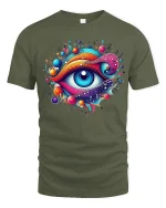 Psychedelic Cosmic Eye Art Tee With Vibrant Music Flow - military green t-shirt on white background
