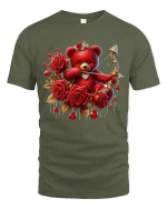 Romantic Rose Teddy Bear Art Tee With Sweet Love Inspired Style - military green t-shirt on white background