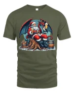 Santa And Dragon Beer Tee With Epic Fantasy Holiday Style - military green t-shirt on white background