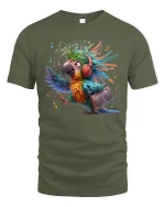 Funky Music Parrot Tee With Colorful Rhythm And Retro Vibes - military green t-shirt on white background