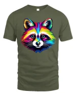 Colorful Raccoon Art Tee With Bold Rainbow Animal Style - military green t-shirt on white background