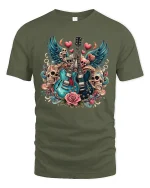 Rock Guitar Skull Art Tee With Bold Music Love Tattoo Style - military green t-shirt on white background