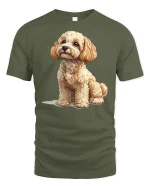 Cute Curly Puppy Portrait Tee With Soft Cozy Artistic Dog Style - military green t-shirt on white background